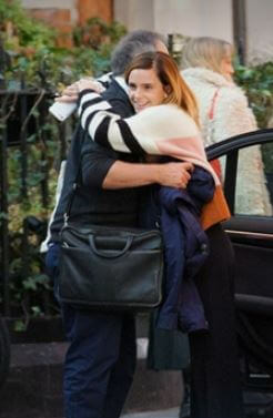 Julie Watson husband Chris Watson and daughter Emma Watson hugging after lunch.
